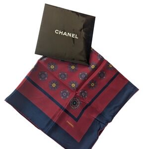 Auth Chanel Vintage Silk Square Scarf Red Navy Blue Medallion Print Hand Rolled